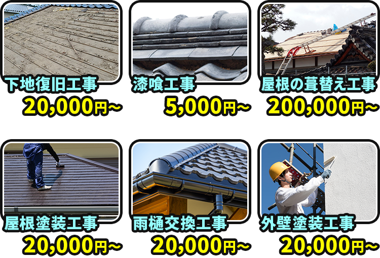 下地復旧工事20,000円～ 漆喰工事5,000円～ 屋根の葺替え工事200,000円～ 屋根塗装工事20,000円～ 雨樋交換工事20,000円～ 外壁塗装工事20,000円～